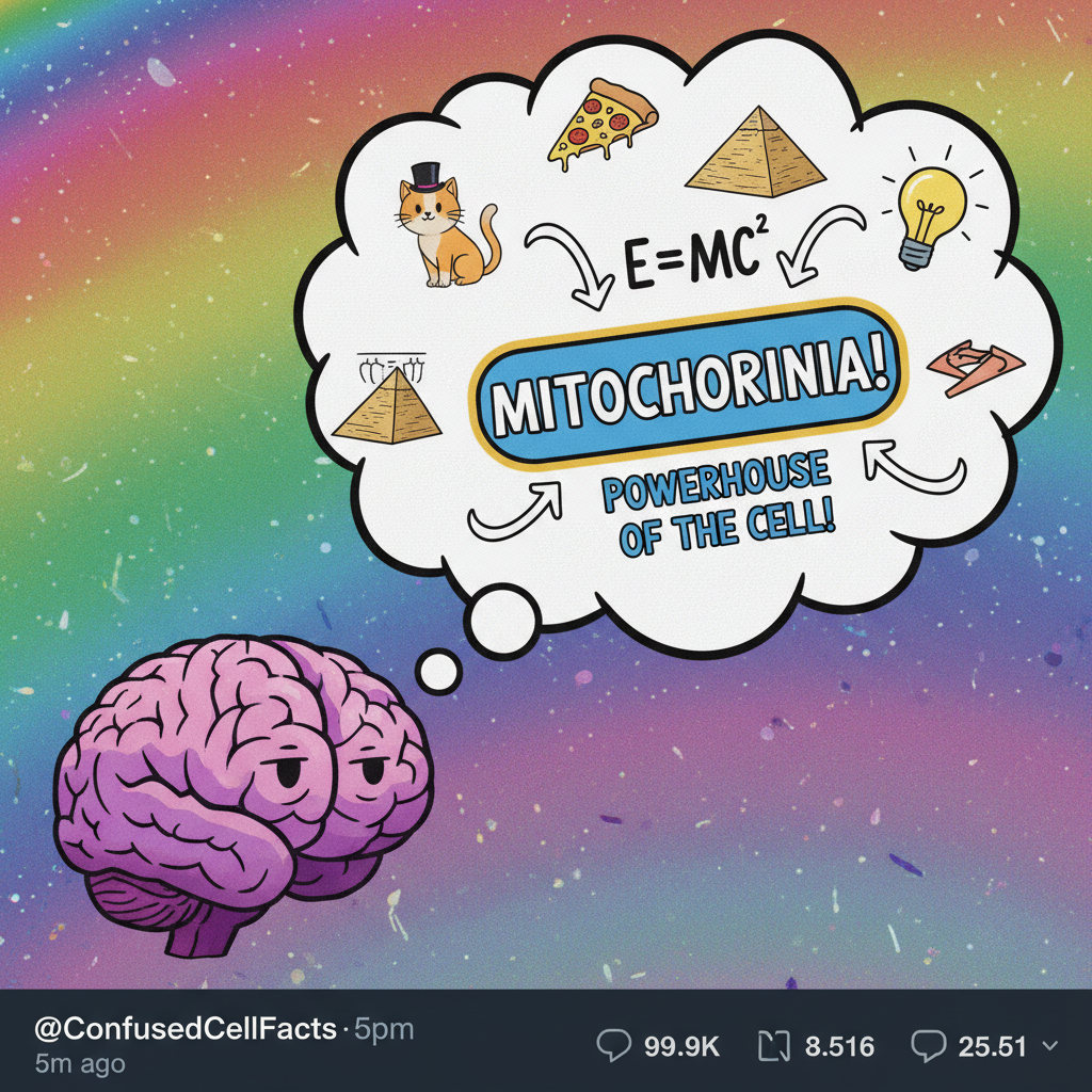 My brain during exams: 'The mitochondria is the powerhouse of the cell' but for literally everything.