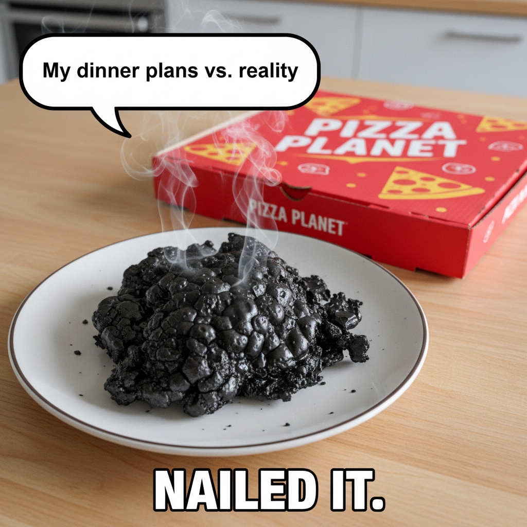 My 'gourmet' dinner turned into a charcoal briquette. Send help (and pizza). #CookingFail