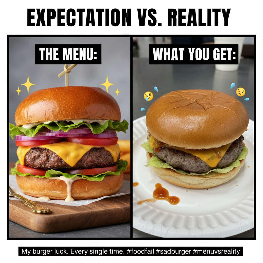 Ordered a gourmet burger, got a sad patty on a deflated bun. 😭 #FoodDeliveryFail