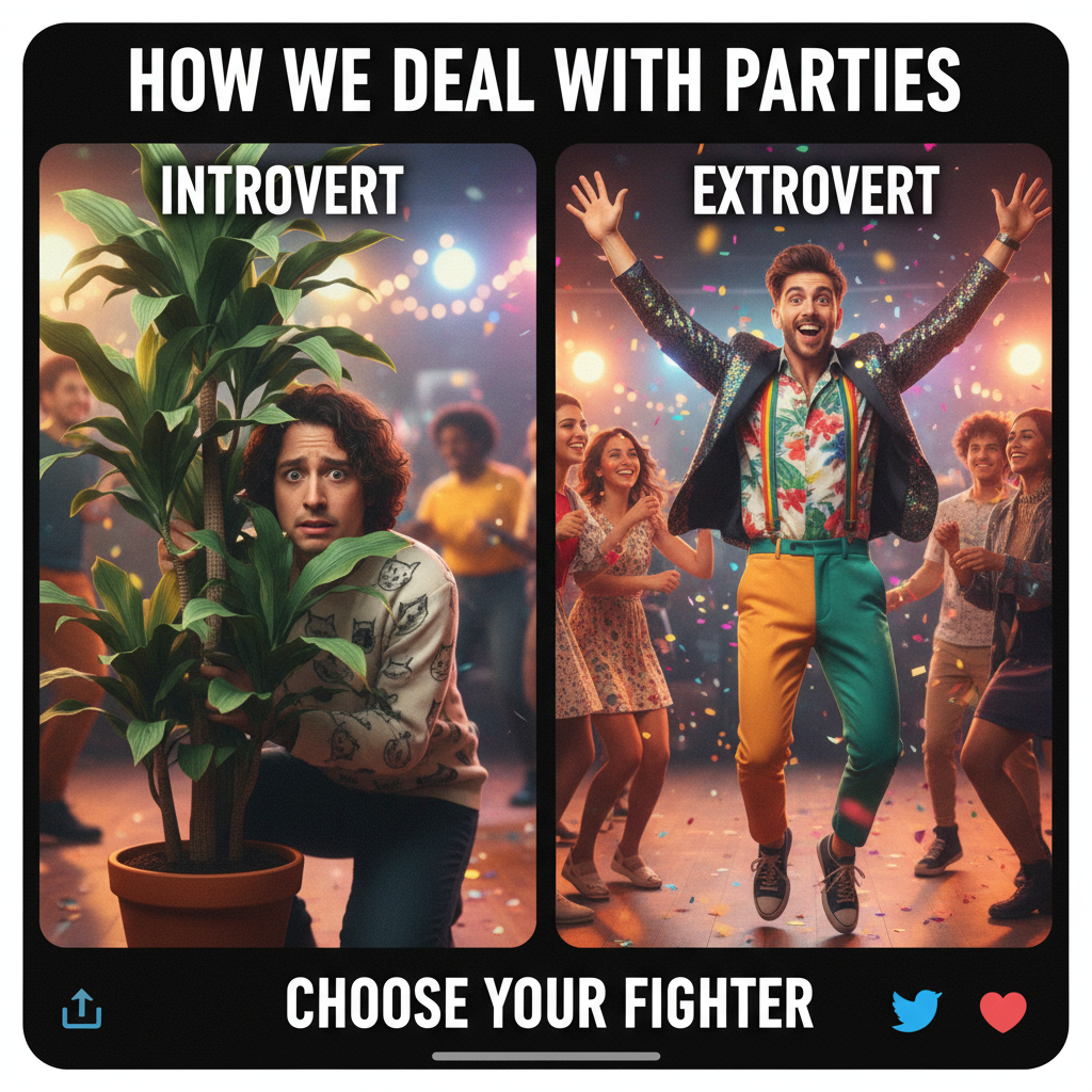 Introvert at a party vs. Extrovert at a party. Two very different realities.