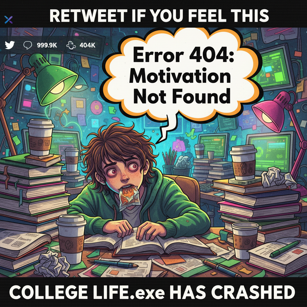 My brain during exam season: 'Error 404: Information Not Found. Please try again after 3 coffees.'