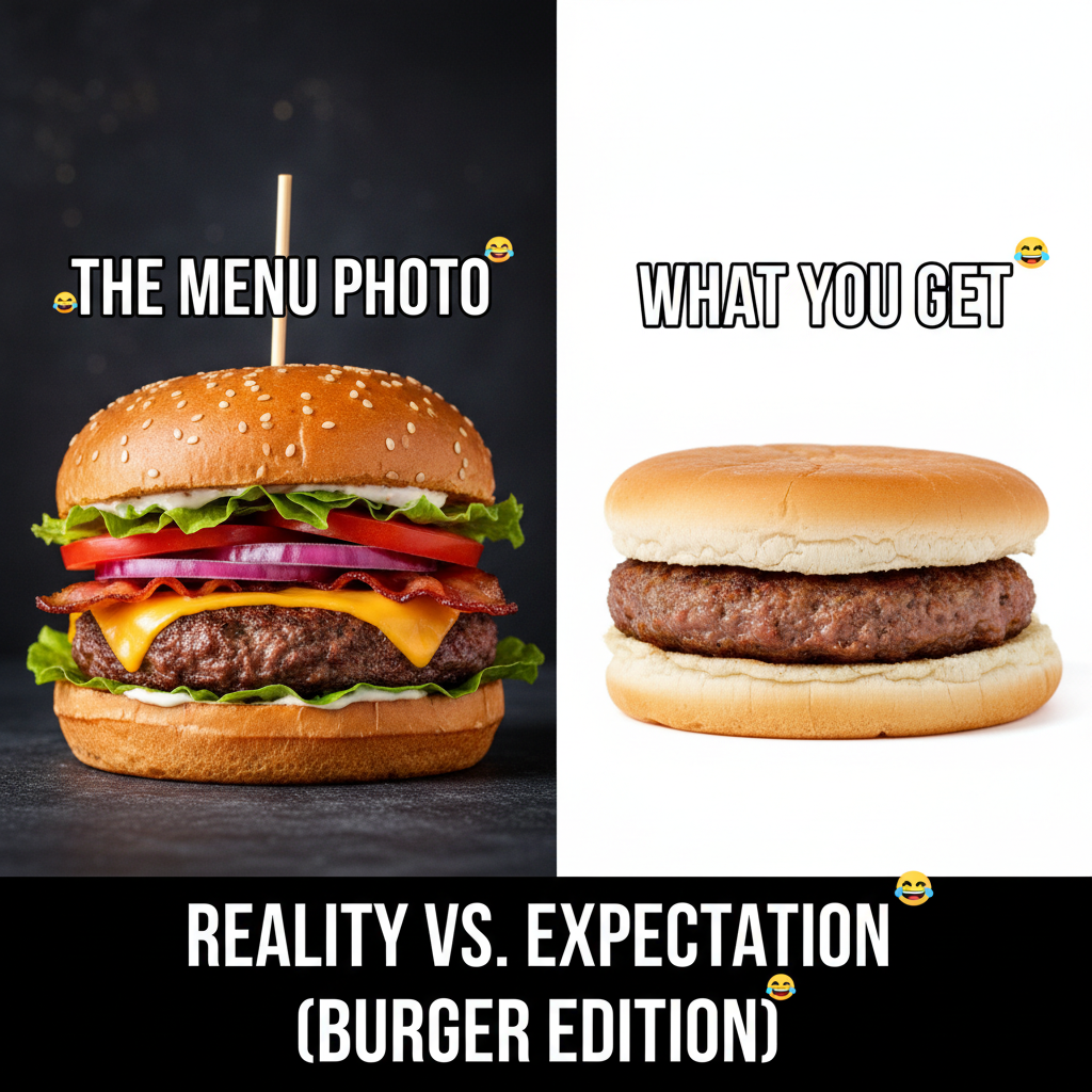 Ordered a gourmet burger, got a sad patty on a bun. Expectations vs Reality.