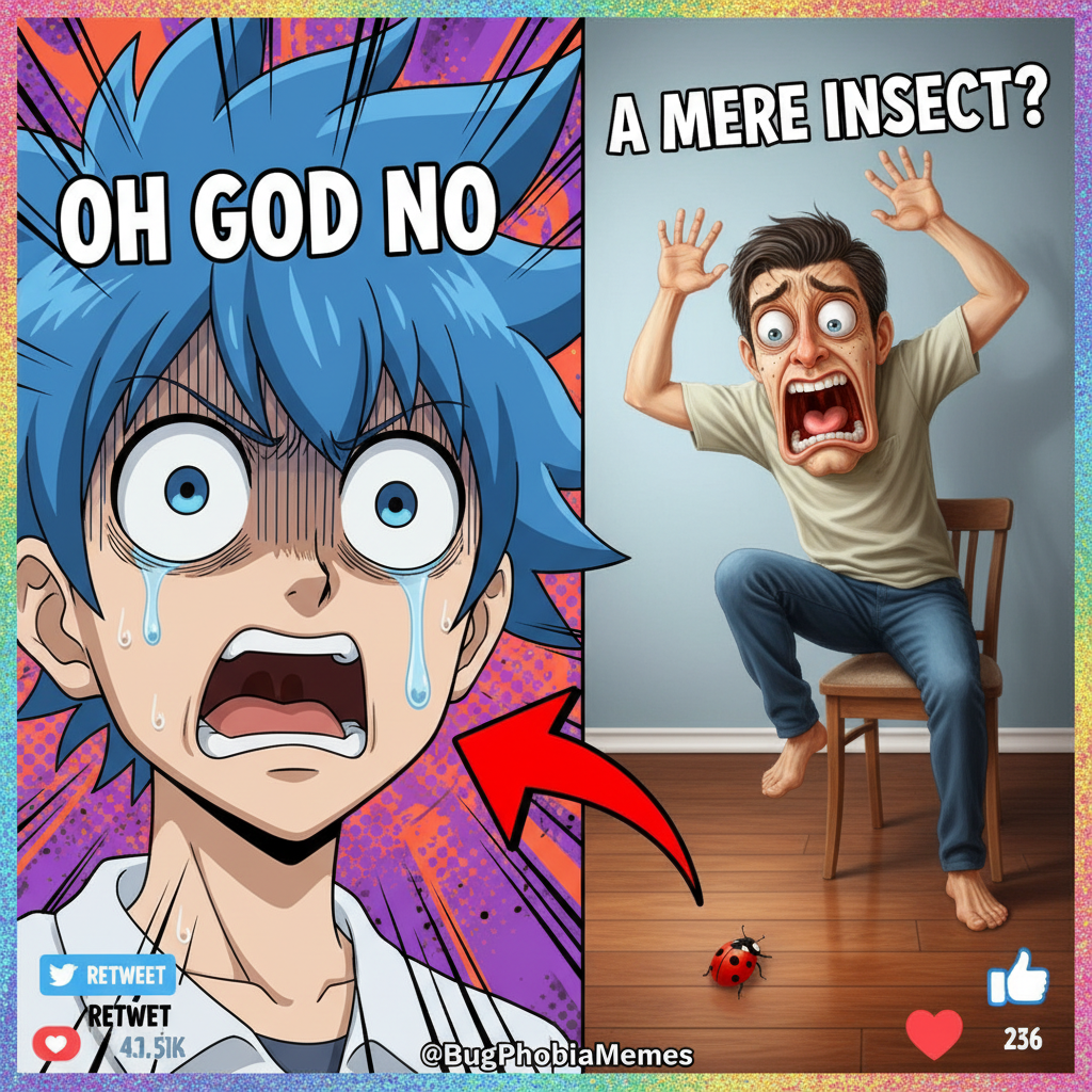 Me watching a bug fly by vs. an anime character seeing a monster. Same energy, different scale.
