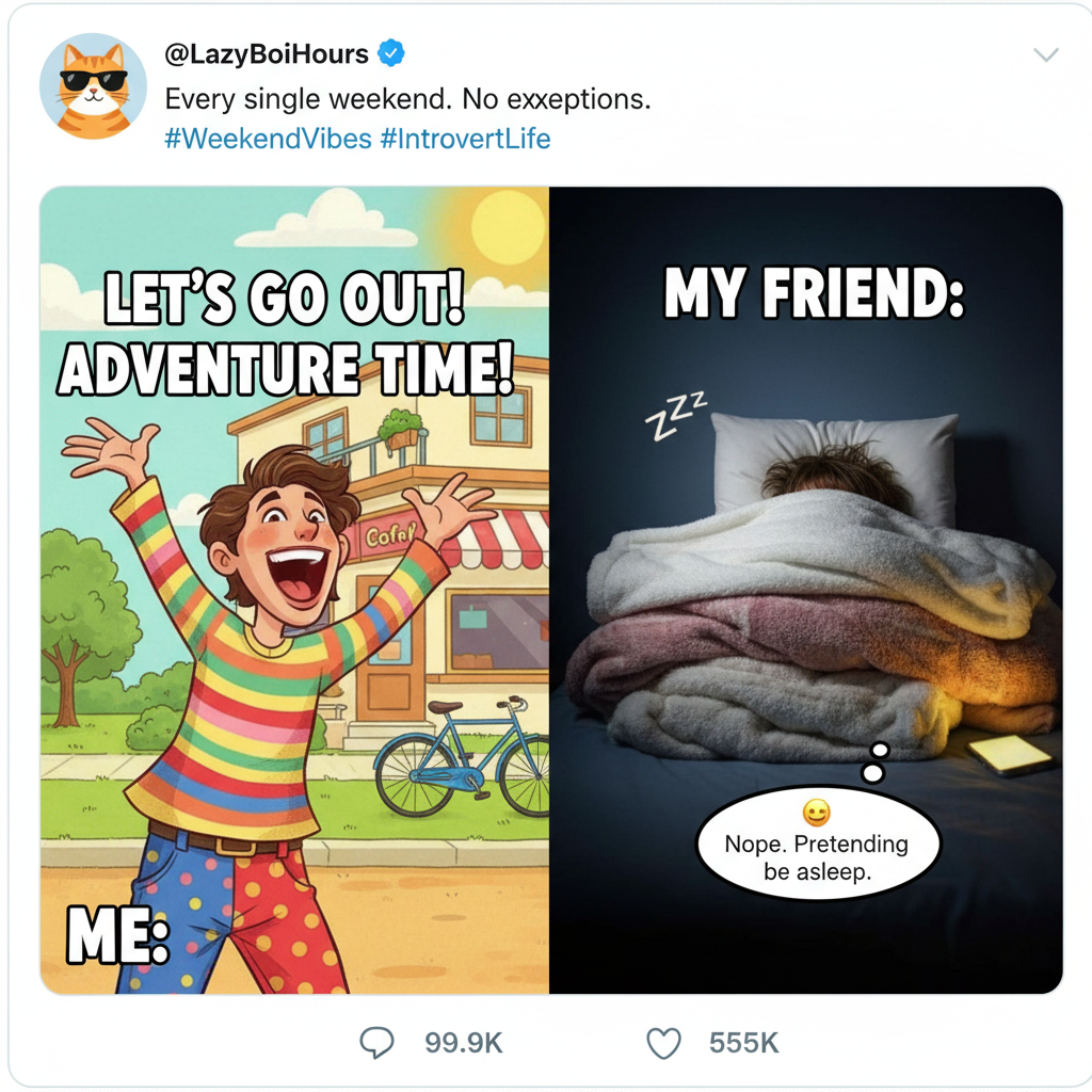 Extrovert: 'Let's go out!' Introvert: *already in bed, pretending to be asleep*