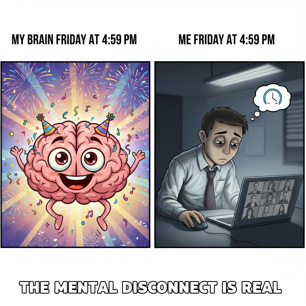 My brain clocking out at 3 PM vs. my body still stuck in meetings