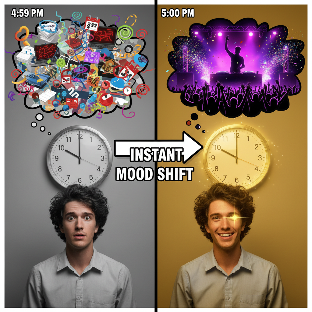 My brain on Friday at 4:59 PM vs. 5:00 PM (feat. the weekend anthem)