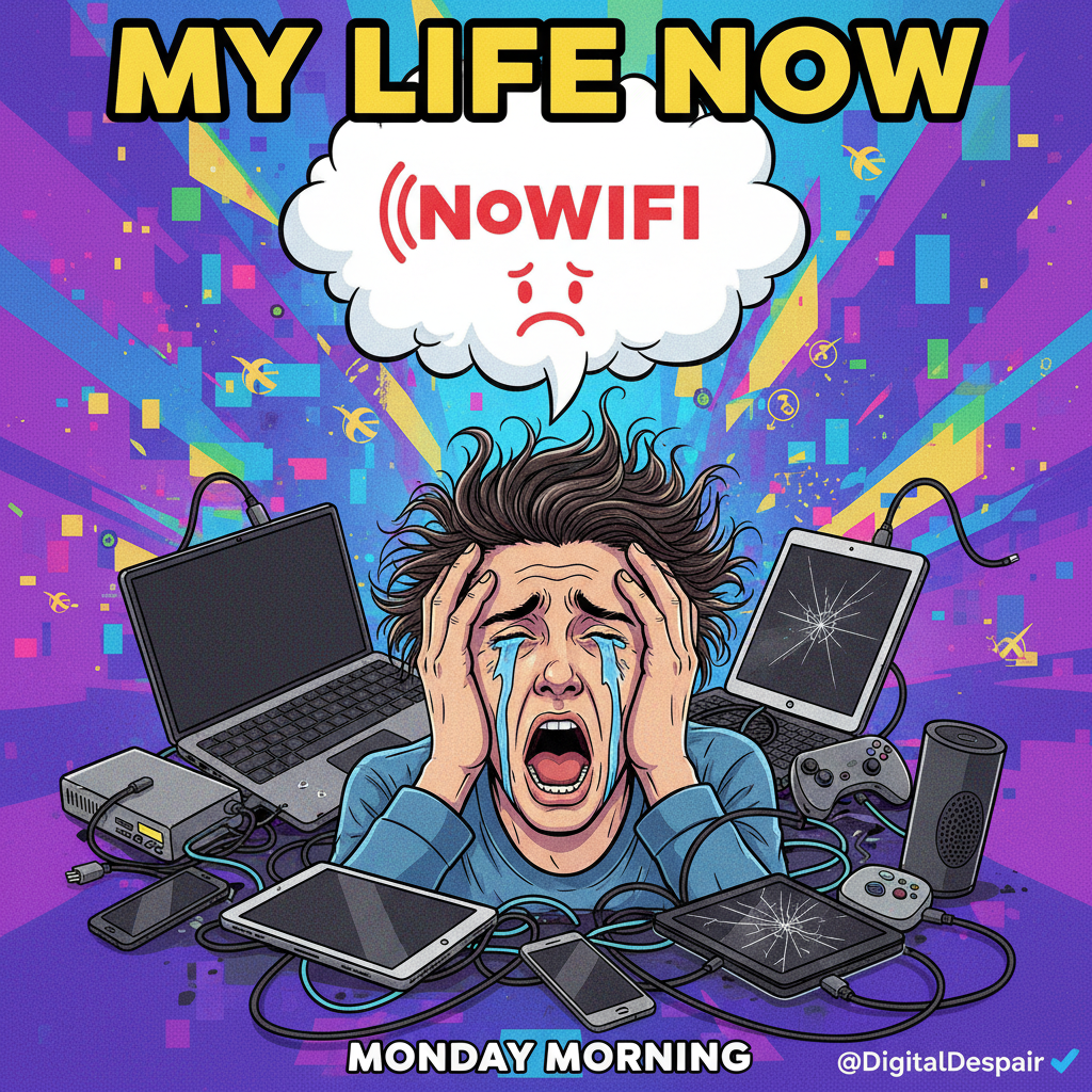 The five stages of grief when the WiFi goes down: Denial, Anger, Bargaining, Depression, Data Plan.