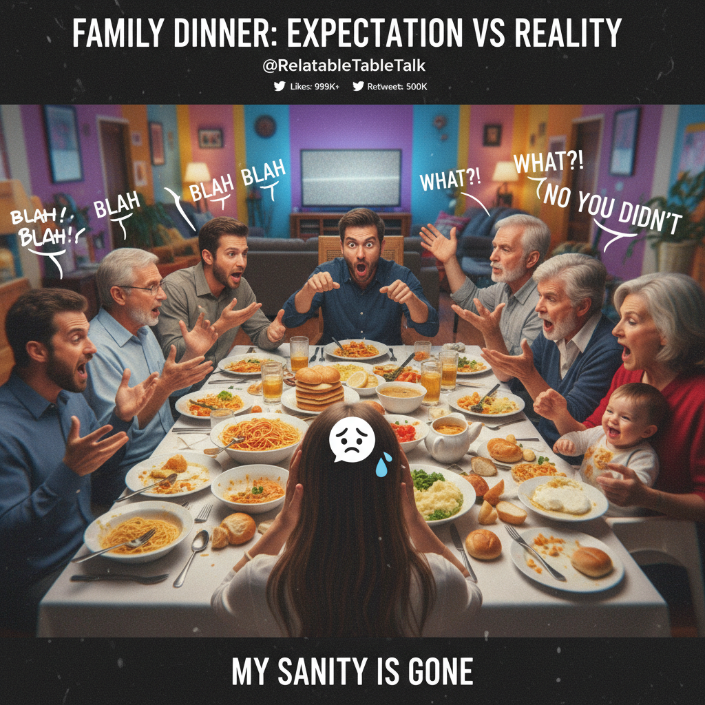 Holiday dinner: where 'how's work?' becomes a 3-hour debate on literally everything.