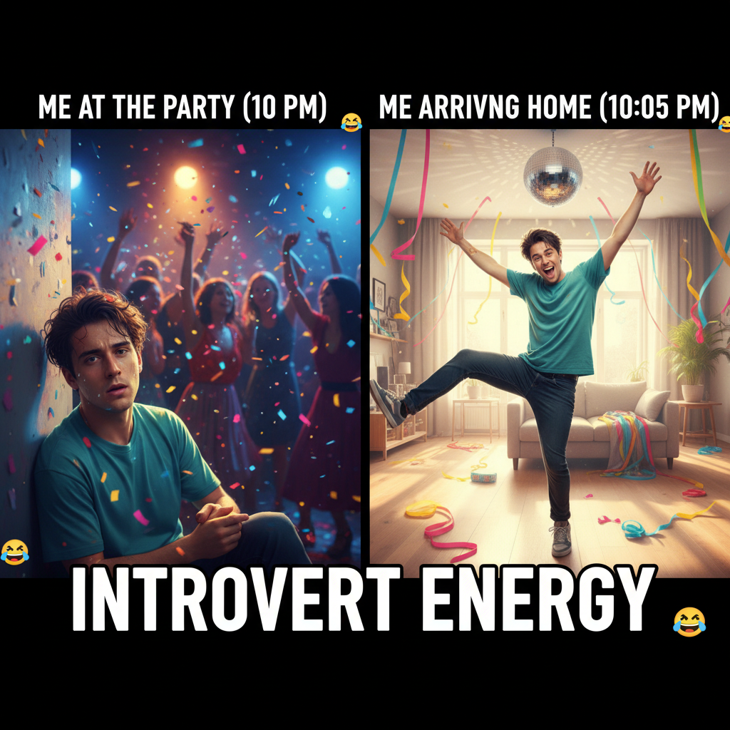 Introvert at a party: 'I've recharged enough, time to go home.' Extrovert: 'The party's just starting!'