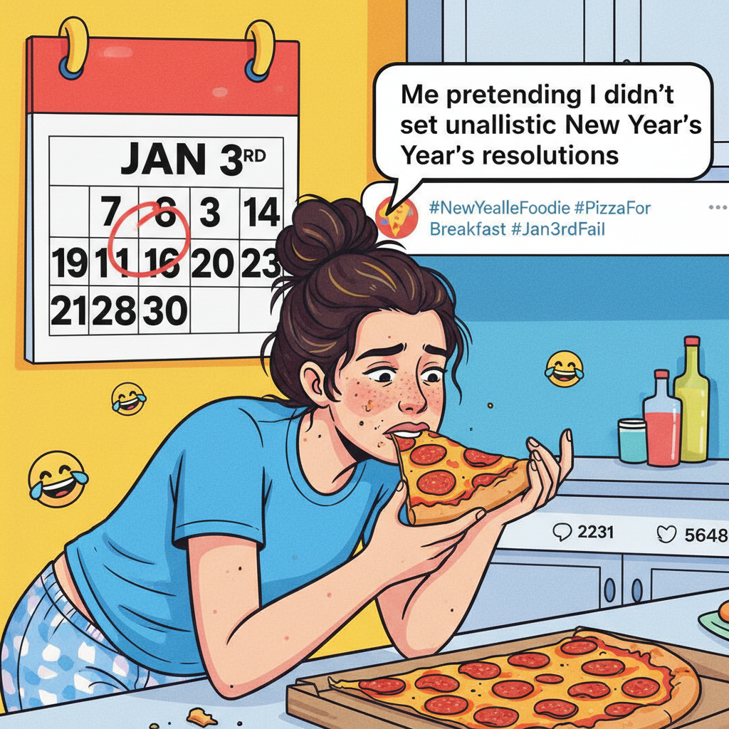 My New Year's resolution was to eat healthier. It's January 3rd, and I'm eating pizza for breakfast.