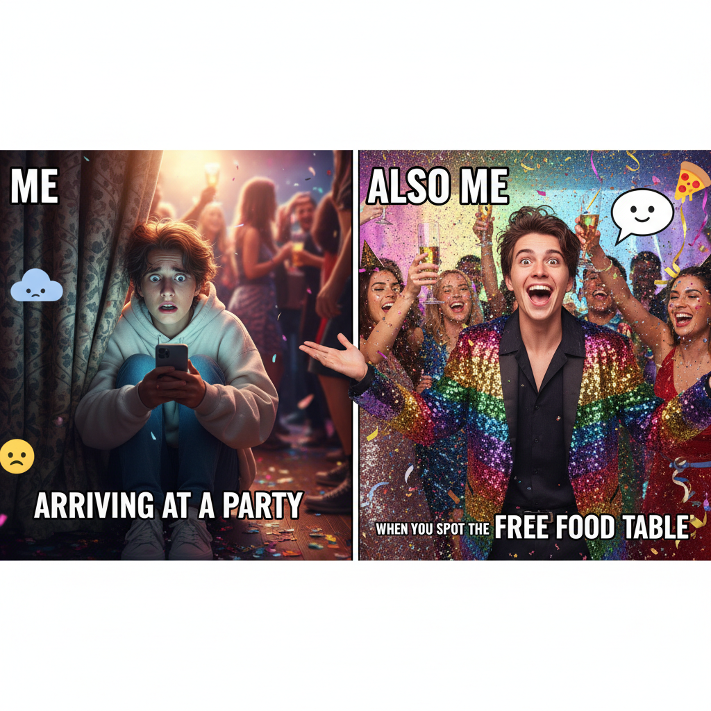 Introvert at a party: 'I hope no one talks to me.' Extrovert: 'IMMA TALK TO EVERYONE!'