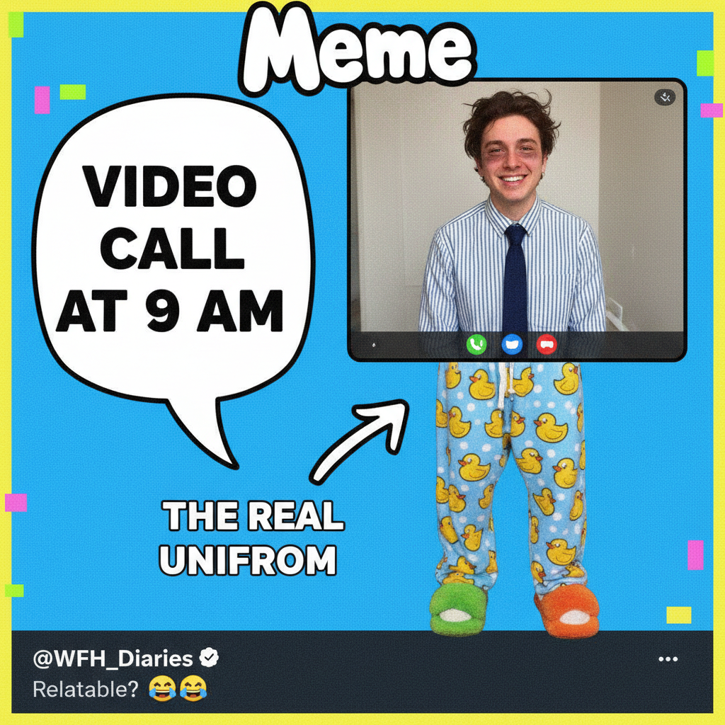 My WFH uniform: business on top, pajama pants on bottom, existential dread everywhere. #WFHLife