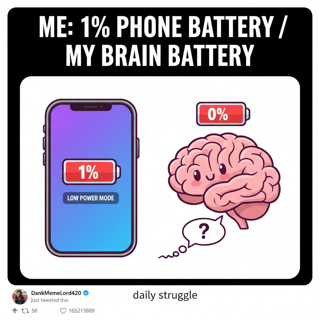 My phone battery is at 1%. My brain battery is at 0%. Send memes. #SocialMediaAddiction