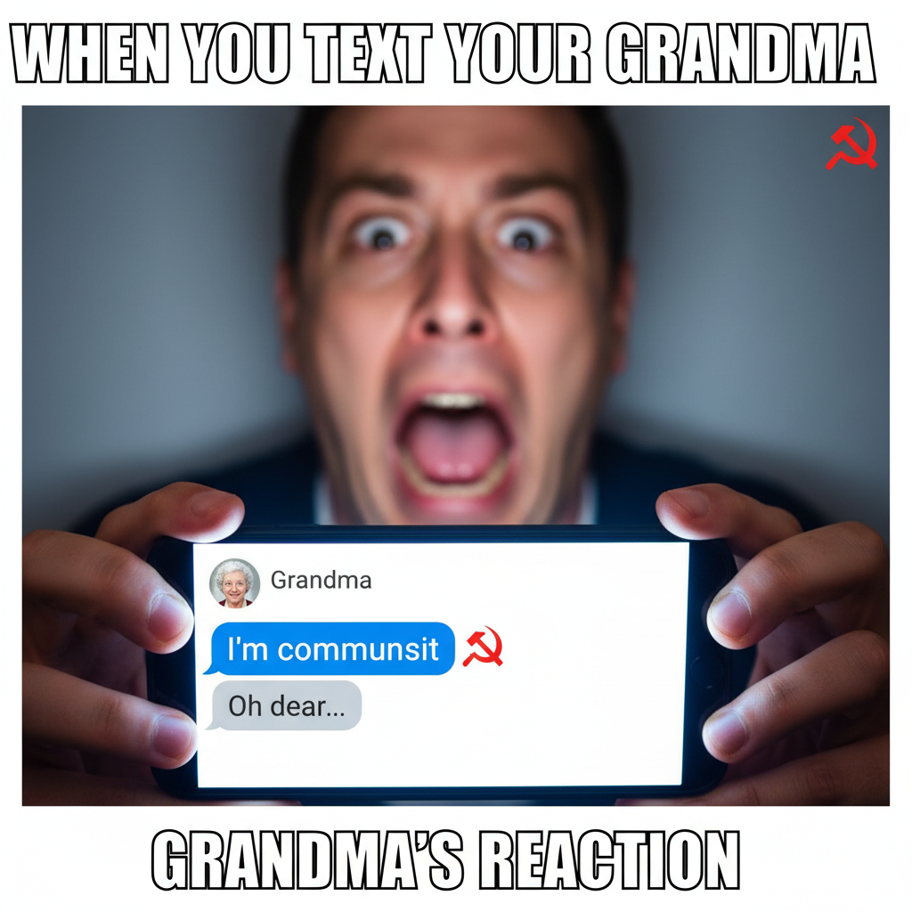 My phone autocorrected 'I'm coming' to 'I'm communist' in a text to my grandma. Send help.