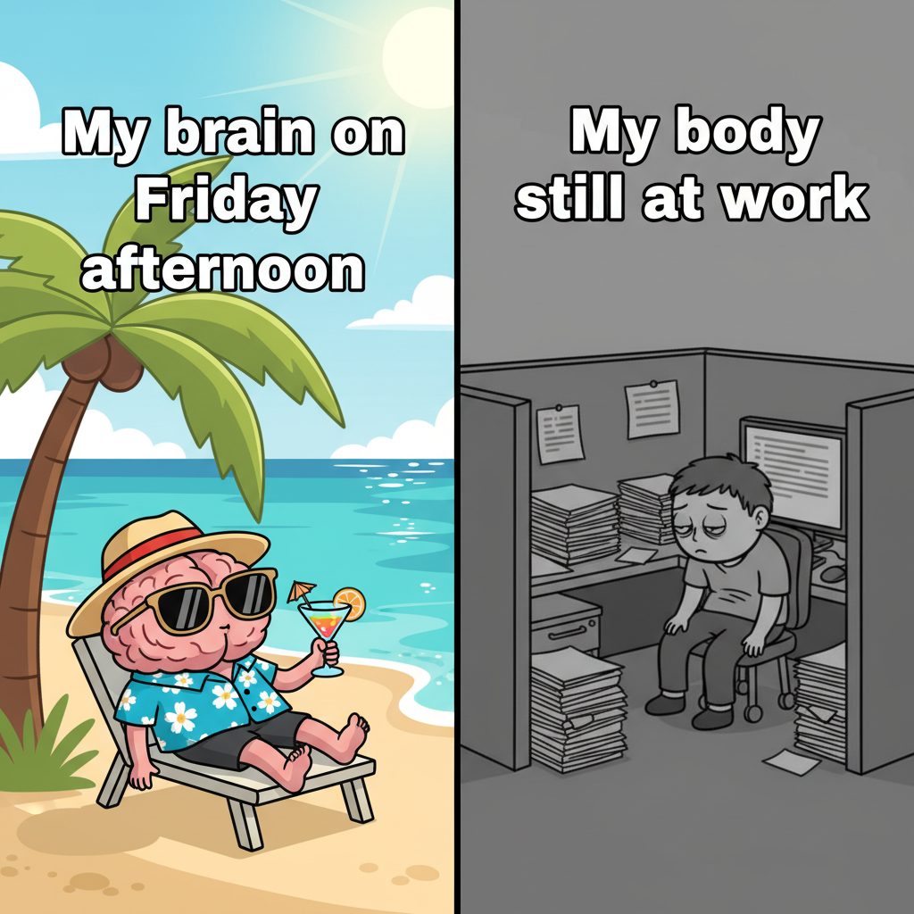 My brain clocking out at 3 PM vs. my body still stuck in the office