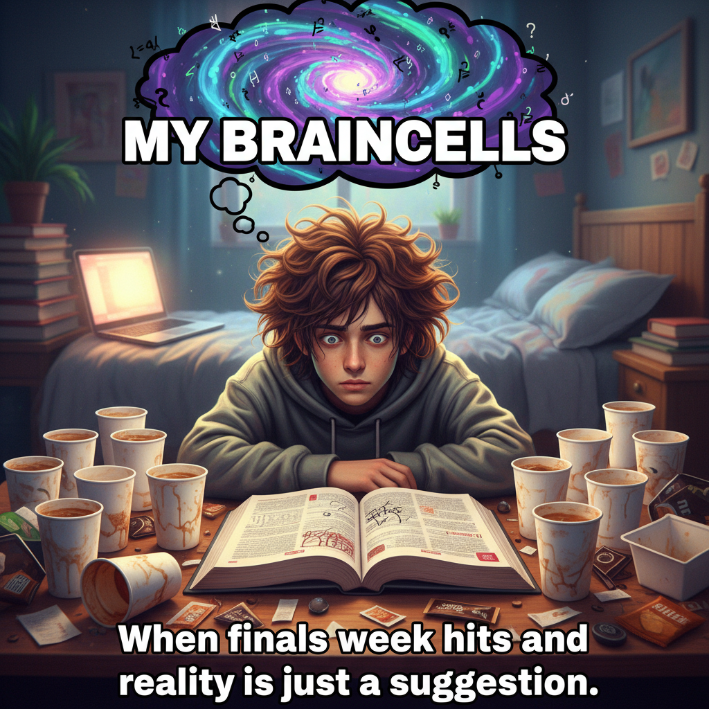 My brain during exam season is 90% caffeine, 10% existential dread, 0% actual knowledge.