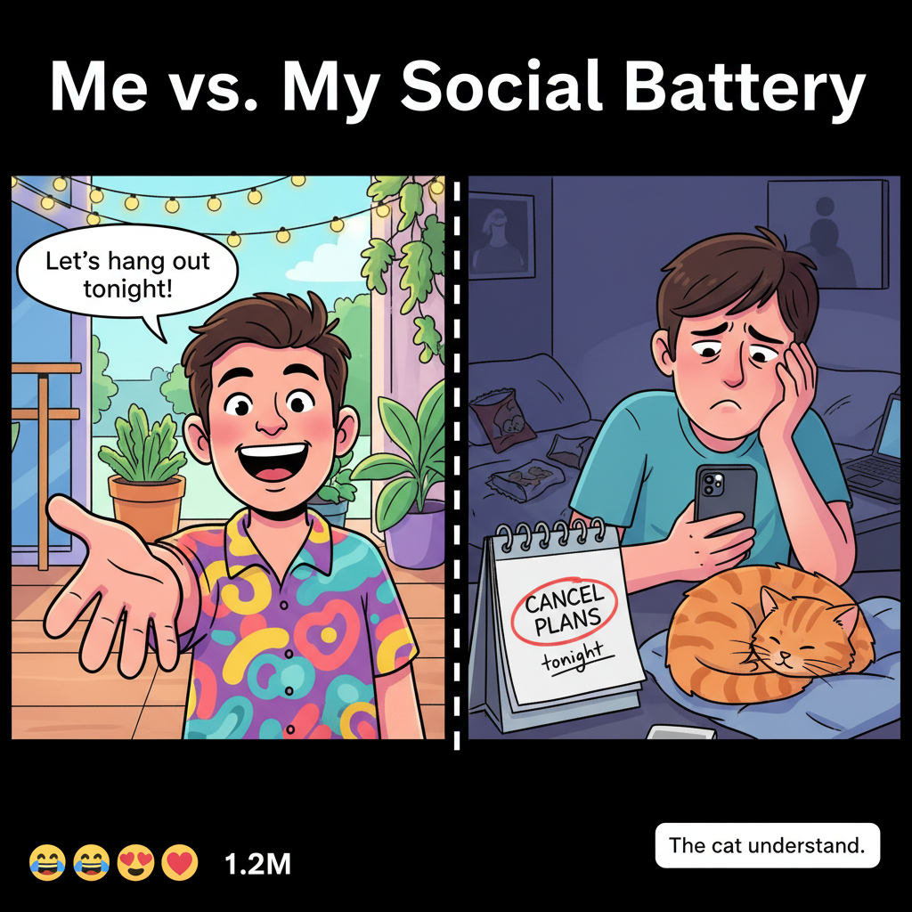 Extroverts: 'Let's go out!' Introverts: *already planning how to cancel*