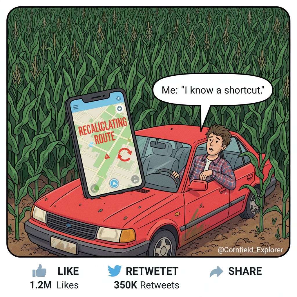 Road trip GPS: 'Recalculating.' Me: *already accepted my fate in a cornfield*