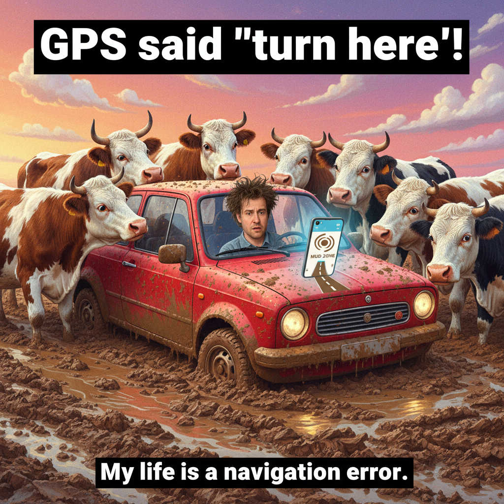 GPS told us to turn 'left at the cow.' We are now lost in a field of actual cows.