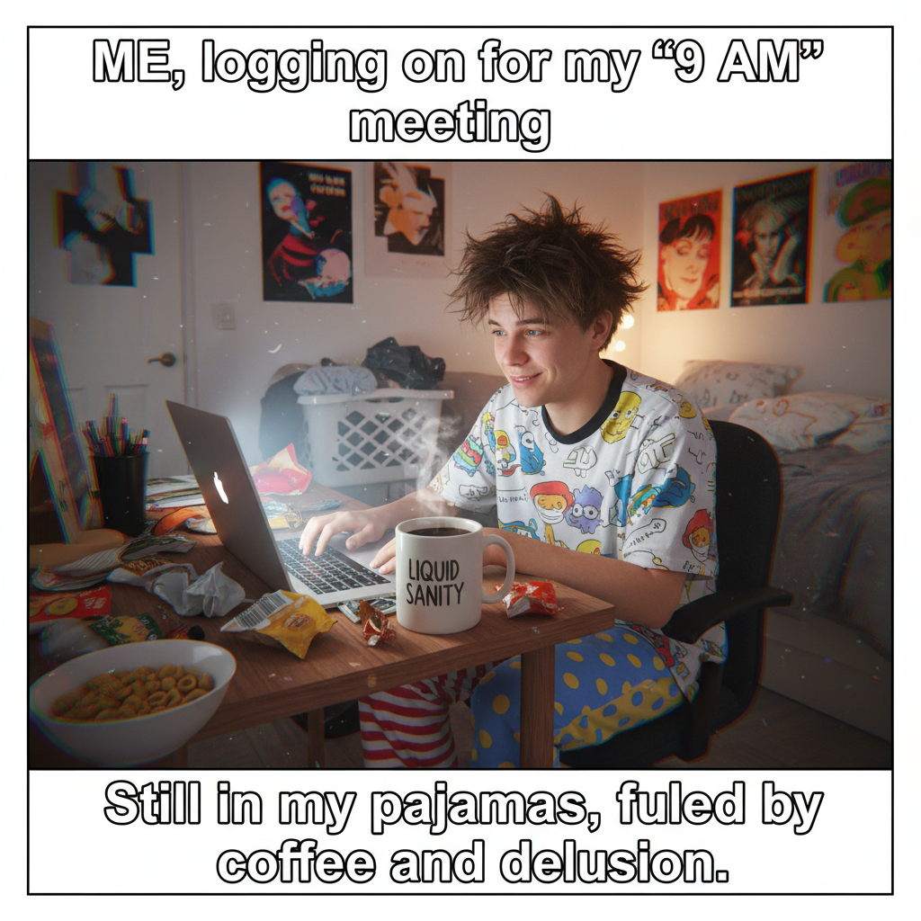 My WFH uniform is 50% pajamas, 50% existential dread, 100% comfy.