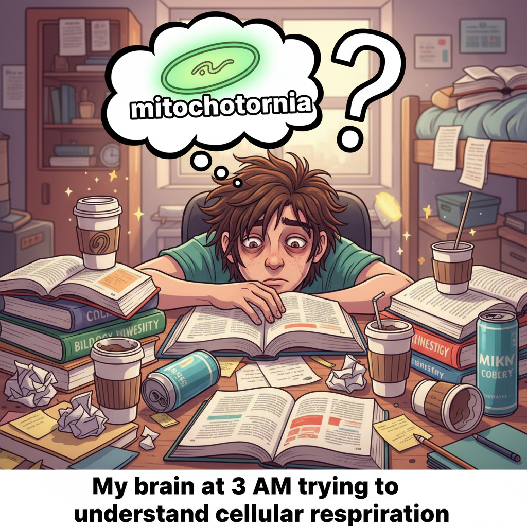 My brain during exams: 'The mitochondria is the powerhouse of the... what was I doing again?'