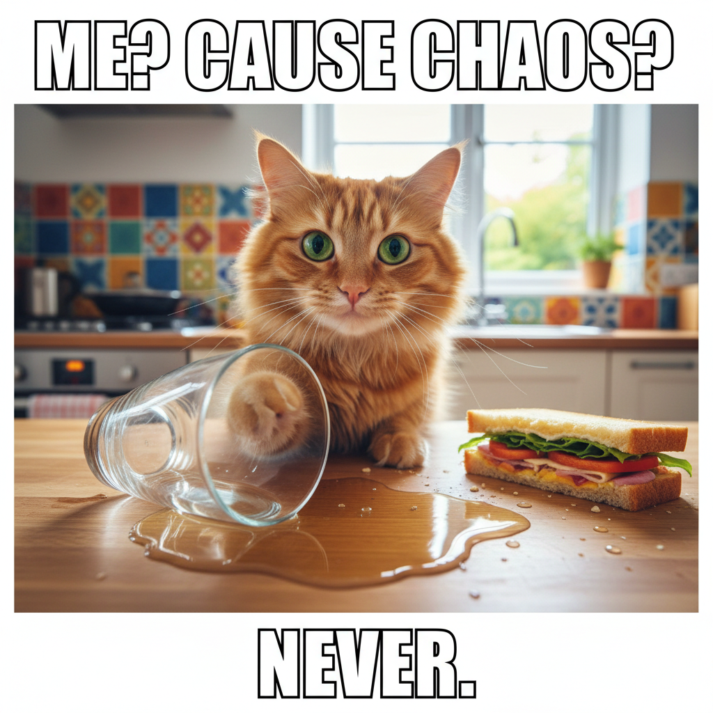 My cat just knocked over my water glass for attention. I'm held hostage by a fluffy terrorist.