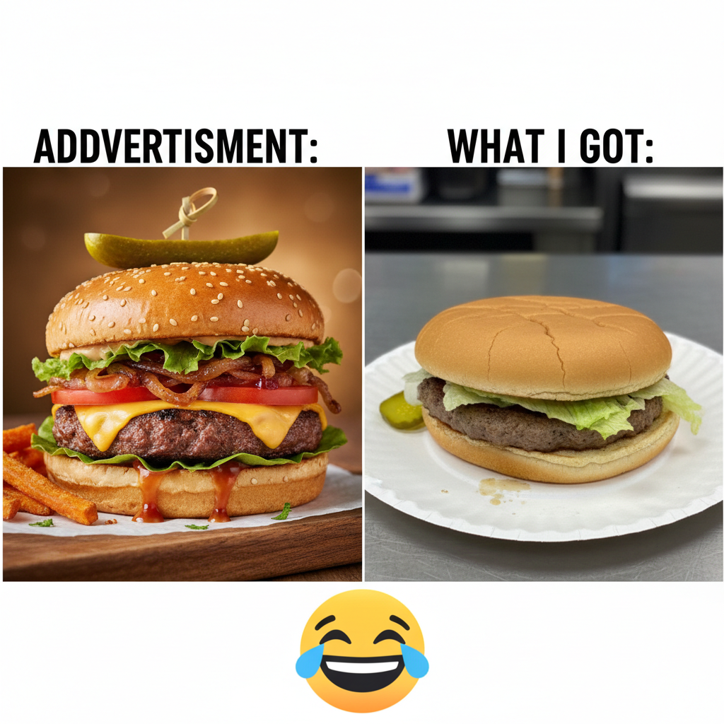 Ordered a gourmet burger, got a sad patty and a single pickle. Expectations vs. reality hit hard.