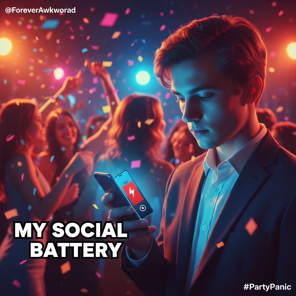 Introvert at a party: 'I've already said hi to 3 people, my social battery is at 2%.'