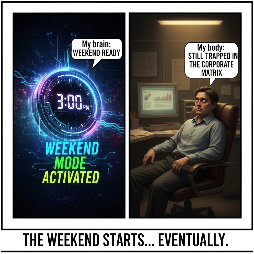 My brain clocking out at 3 PM vs. my body still stuck in a meeting