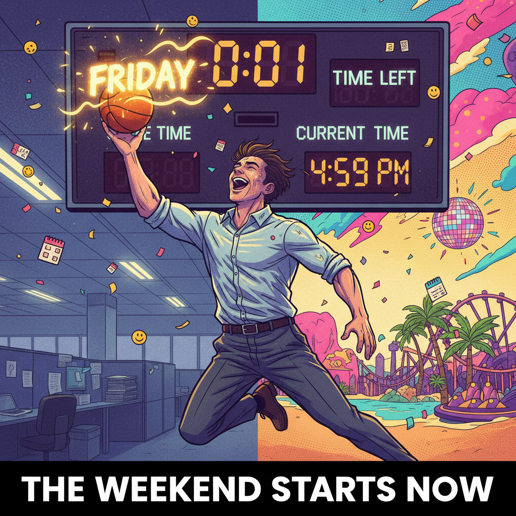 My brain clocking out at 4:59 PM on Friday like a star athlete hitting the game-winning shot