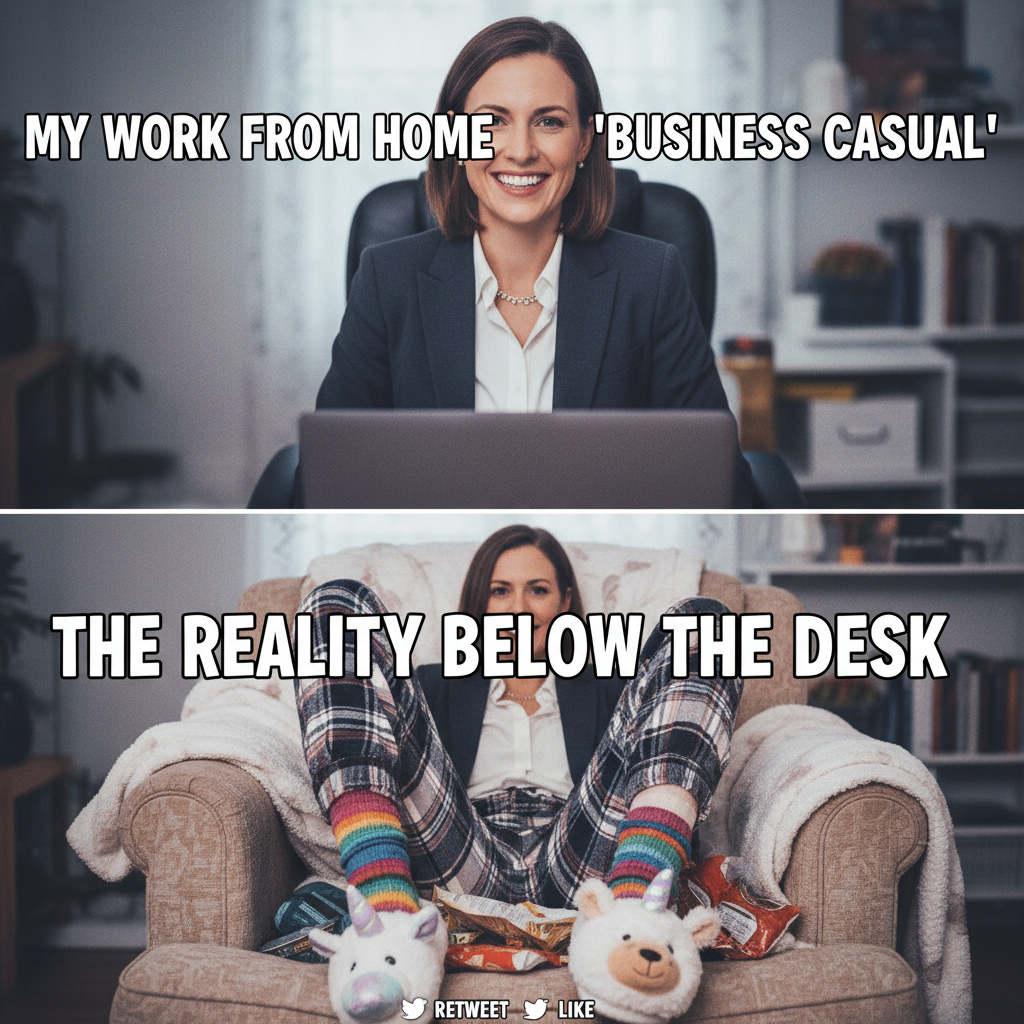 My 'professional' WFH outfit vs. what I'm actually wearing below the webcam.