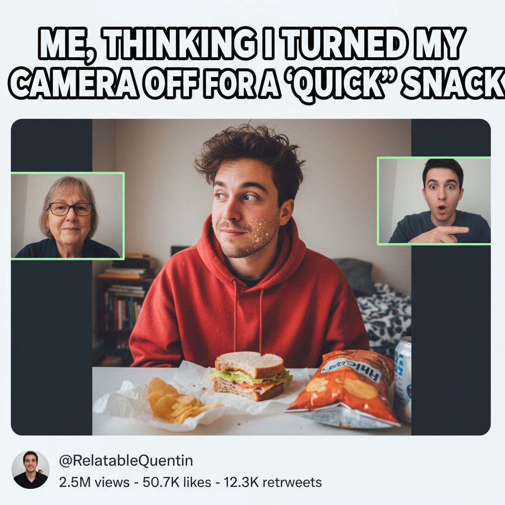 My camera was off for 0.5 seconds and I accidentally ate a whole sandwich on Zoom.