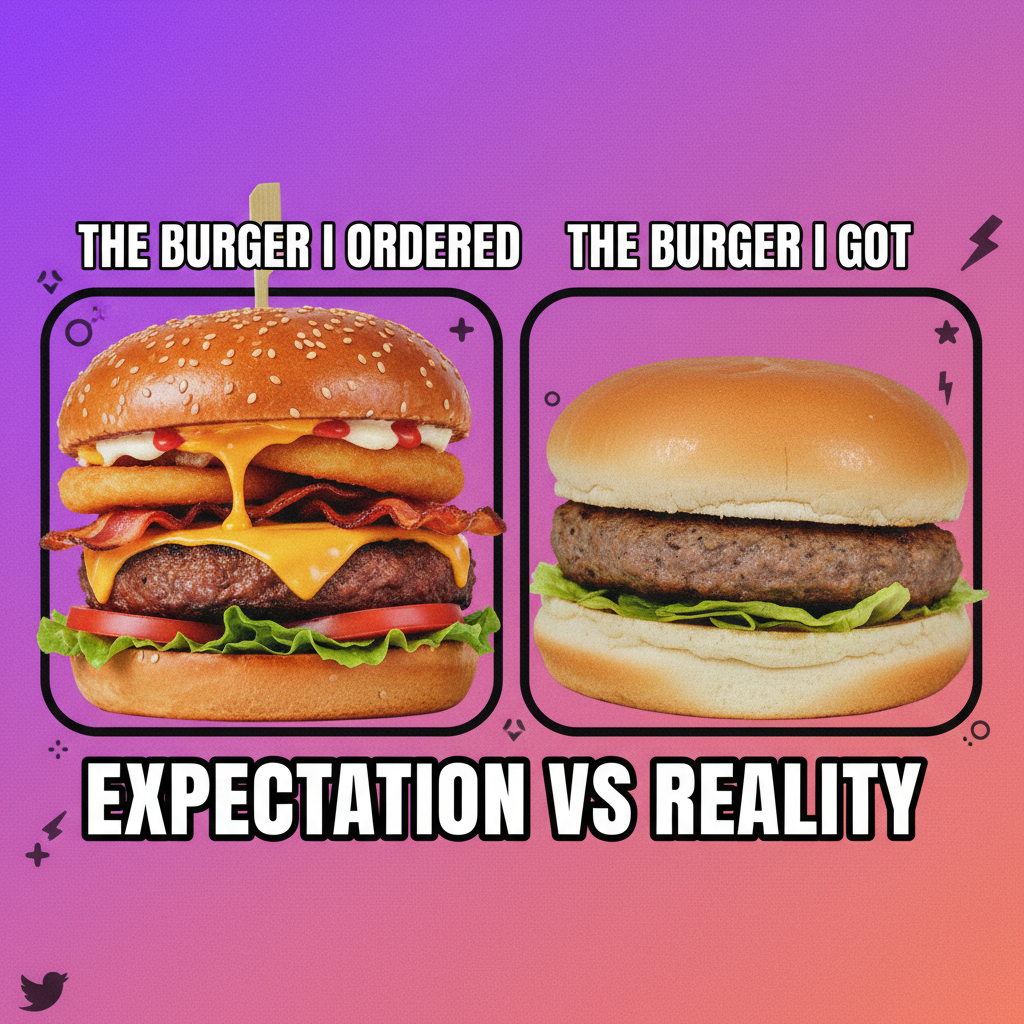 Ordered a gourmet burger. Got a sad patty in a bun. My disappointment is immeasurable.