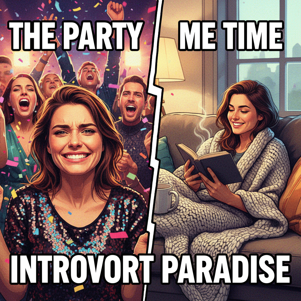 Me at a party vs. me when the party's over and I'm home. The duality is real.