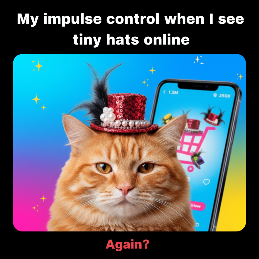 Me: 'I need to save money.' Also me: *buys a tiny hat for my cat at 3 AM*