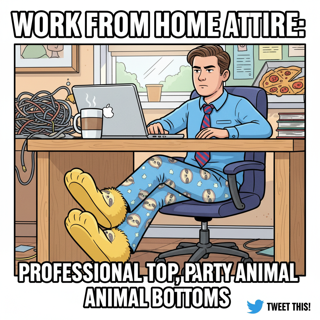My WFH uniform: business on top, pajama pants and fuzzy slippers on the bottom. The dream.