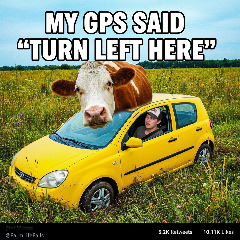 GPS said 'turn left.' I turned left. Now I'm in a field with a cow staring at me.
