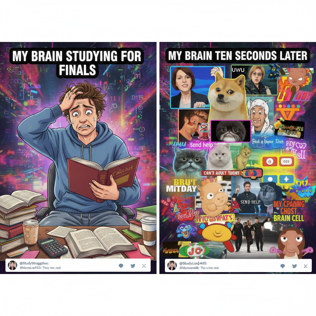 Me trying to study for exams vs. my brain remembering every meme ever