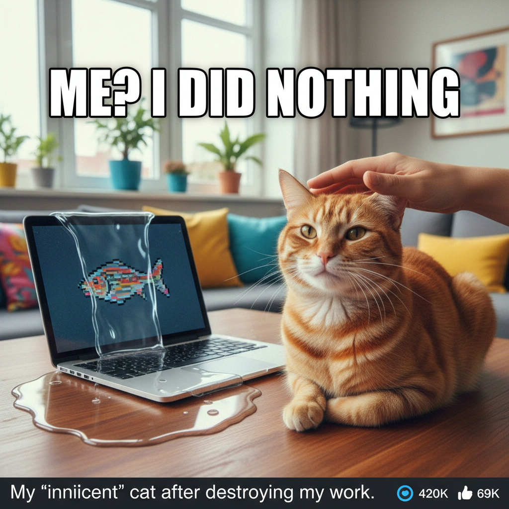 My cat just knocked my entire glass of water onto my laptop. I still love him tho.