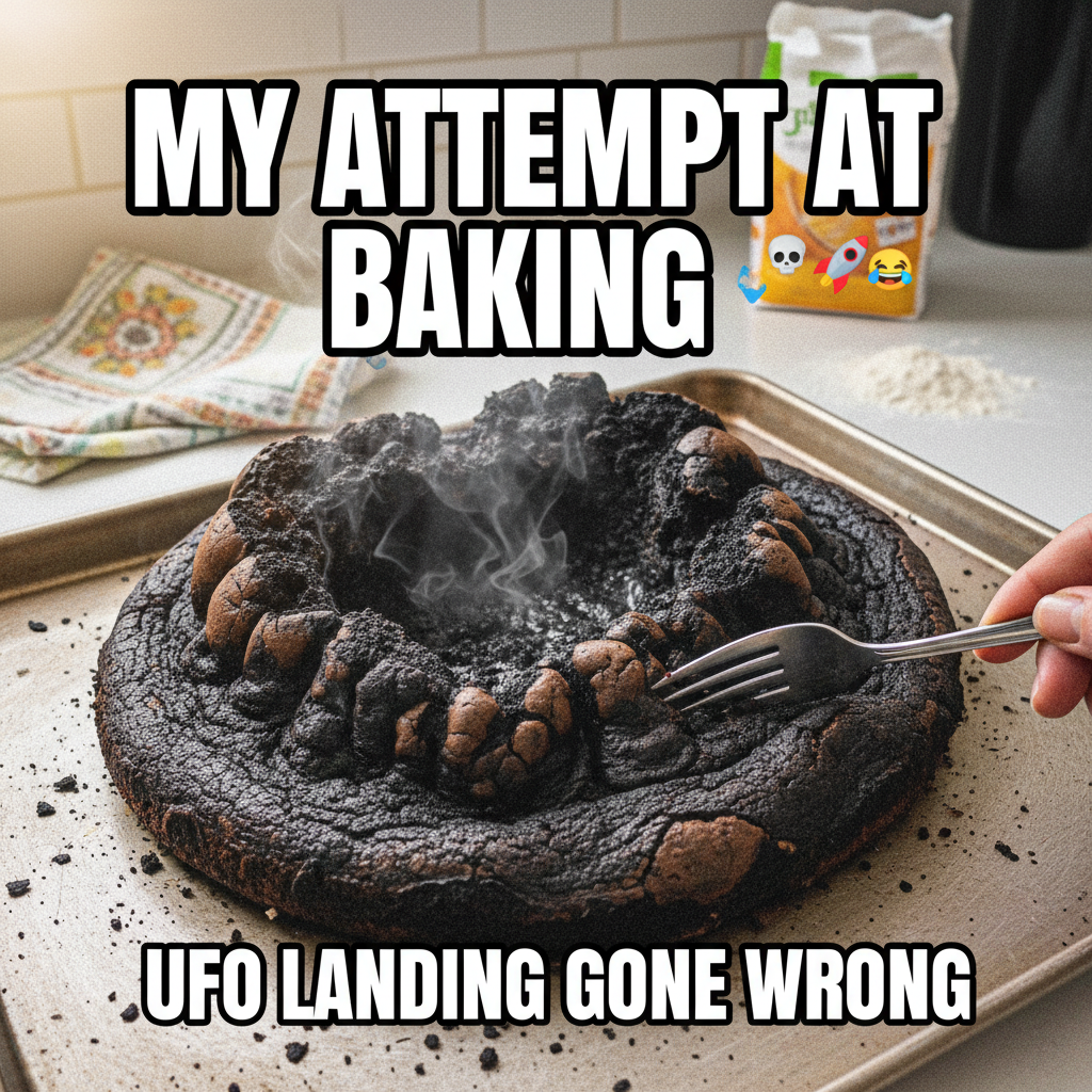 Attempted to bake a cake. It looks like a deflated alien spaceship. Still tasted... interesting.