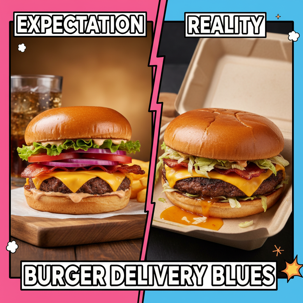 Ordered a gourmet burger, got a sad patty swimming in regret. 🍔 Expectations vs. Reality hit hard.
