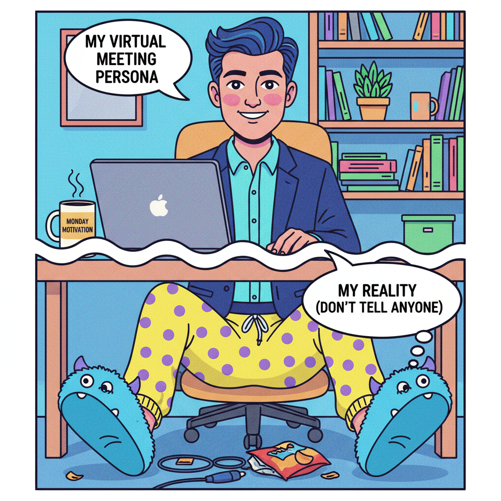 My WFH uniform: Business on top, pajama pants on the bottom, existential dread everywhere. #WFHLife