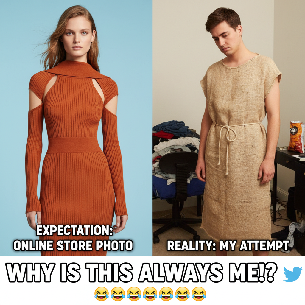 Ordered a 'chic' top online. Received a potato sack with armholes. My bank account is crying.