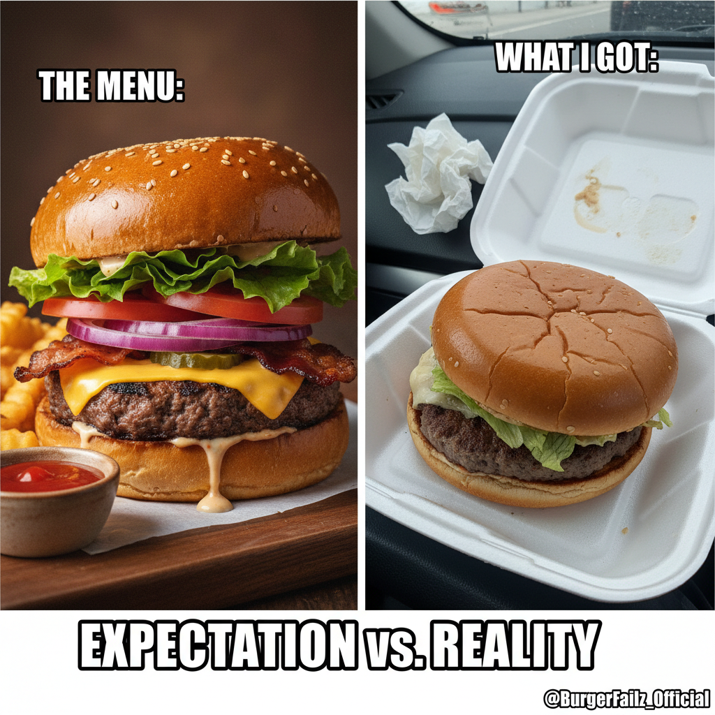 Ordered a gourmet burger, got a sad patty on a soggy bun. My disappointment is immeasurable.