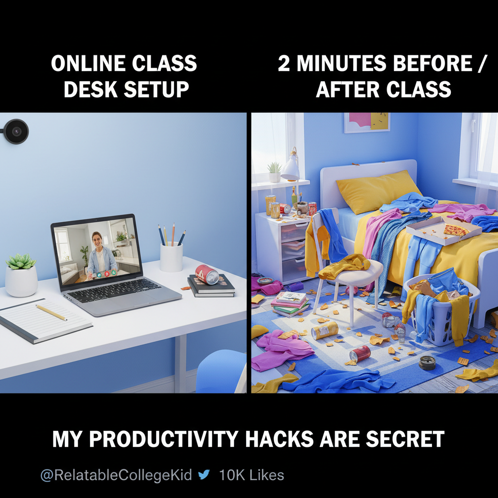 My 'professional' WFH setup vs. what my webcam actually sees. It's a vibe.
