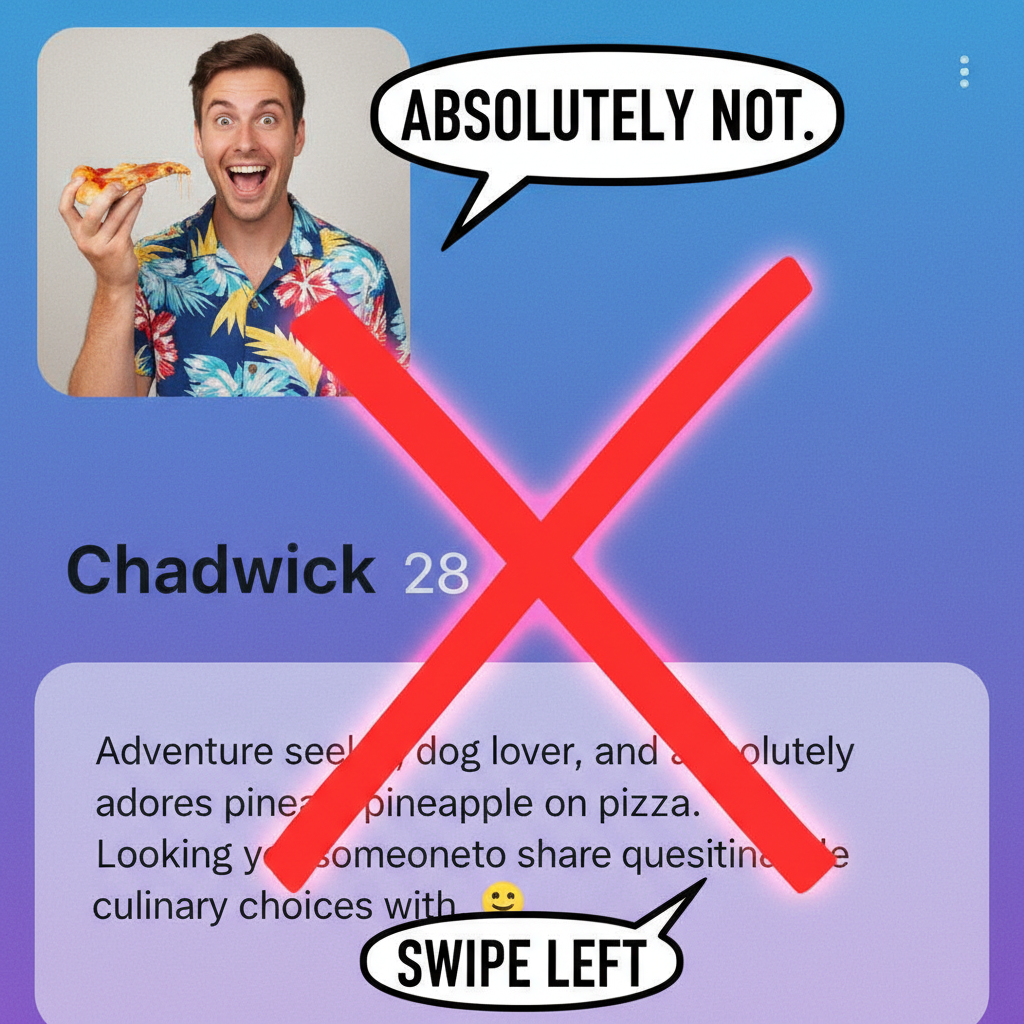 Matched with someone who likes pineapple on pizza. It's a no from me, dawg. #DatingAppDisasters