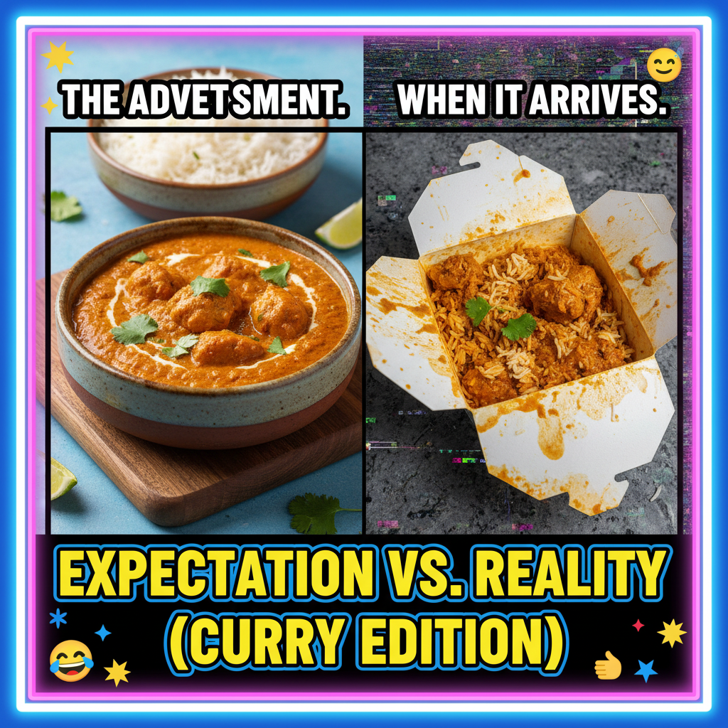 Food delivery expectation: gourmet meal. Reality: looks like it survived a warzone.