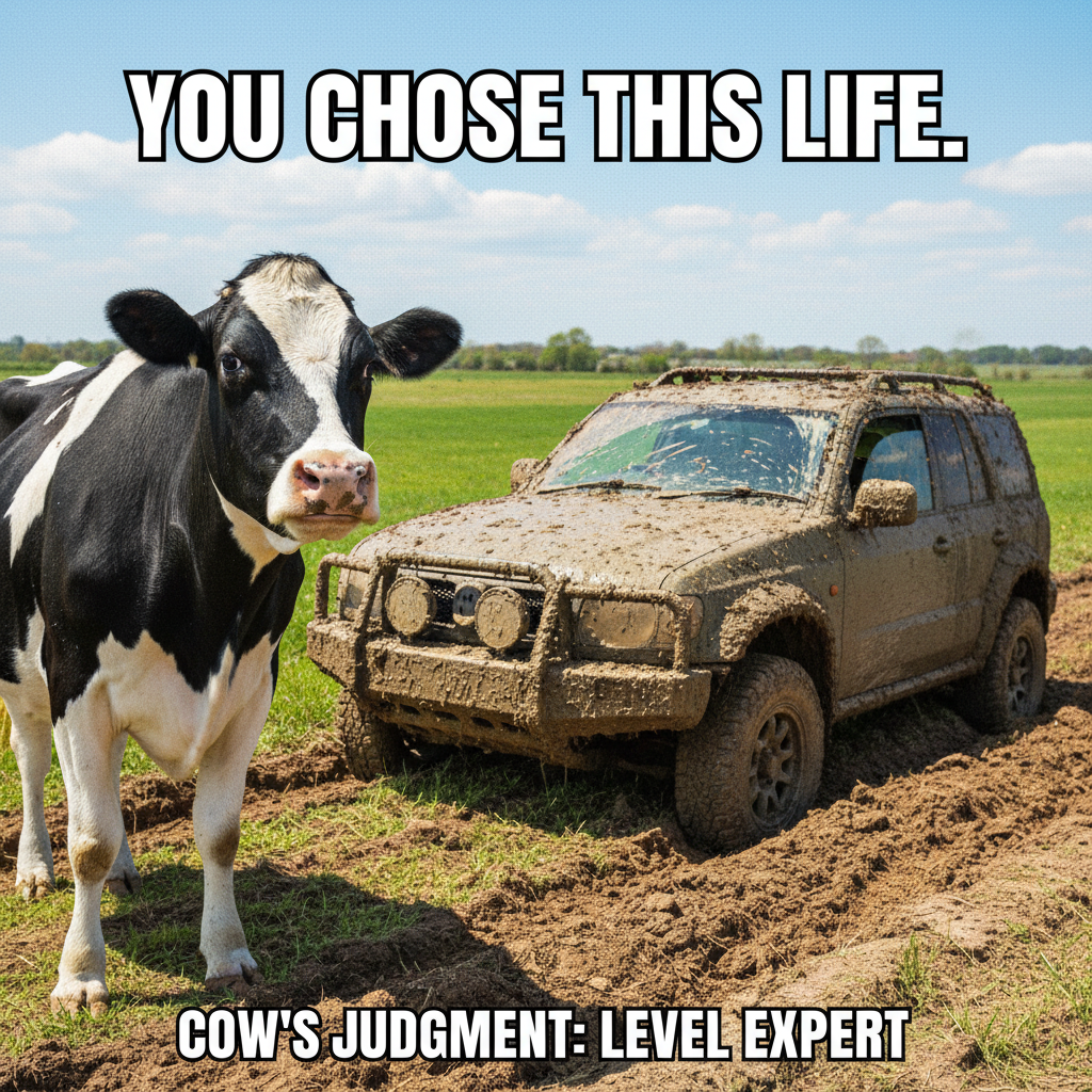 GPS said 'turn left.' I turned left. Now I'm in a field with a cow judging me.