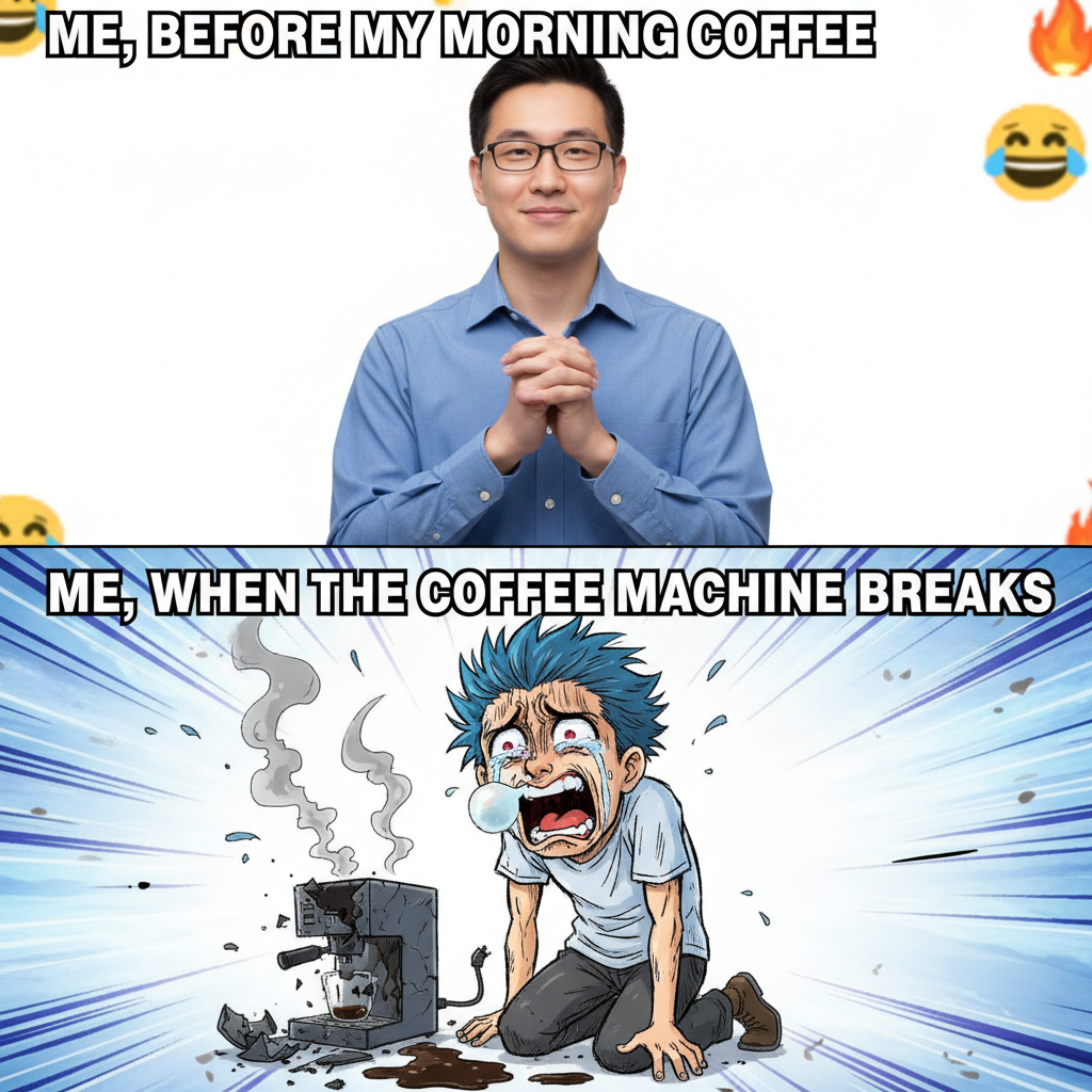 Me trying to adult vs. my brain reacting like an anime character when the coffee machine breaks.