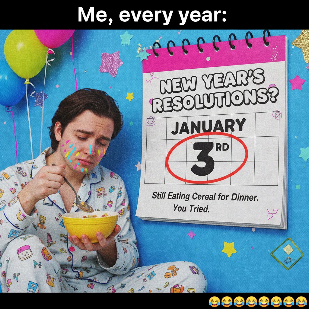 My New Year's resolution was to eat healthier. I'm currently eating cereal for dinner. It's Jan 3rd.